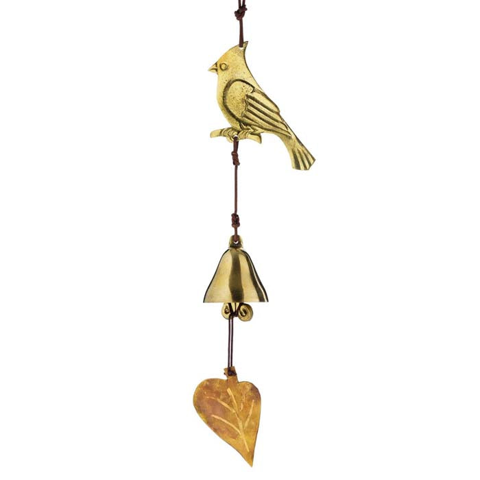 Cardinal Door Chime featuring a gold bird and bell, hand-cast in brass, strung on waxed cotton cord, ideal for garden or porch decoration.