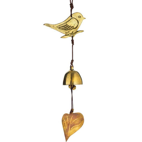 Wren Door Chime featuring a gold bell adorned with a bird and leaf, hand-cast in brass, strung on a durable waxed cotton cord.