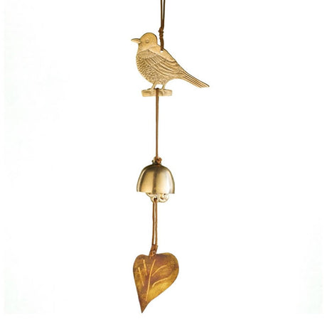 Robin Door Chime featuring a bird and bell strung on waxed cotton cord, hand-cast in solid brass by artisans, ideal for garden or porch decoration.