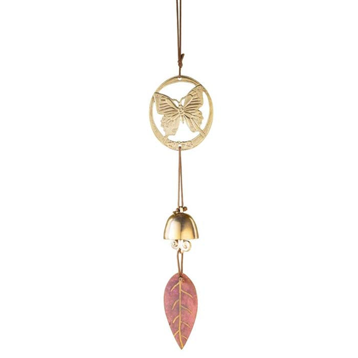 Butterfly Door Chime: Wind chime with a butterfly and bell, handmade from solid brass, strung on durable waxed cotton cord, ideal for garden or porch.