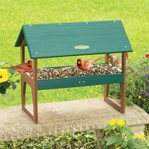 Duncraft Eco-Strong Ground Tray Platform Feeder, featuring birds on a mesh tray with fly-through openings and built-in perching space.