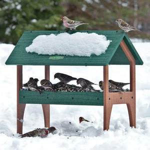 Duncraft Eco-Strong Ground Tray Platform Feeder with birds perching and feeding, featuring mesh tray and fly-through openings, surrounded by snow.