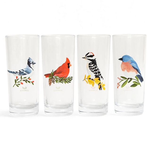 Wild Birds Tall Juice Glass Set featuring four hand-painted bird motifs, each holding 7.27 oz. Perfect for stylish beverage enjoyment. Made in the USA.