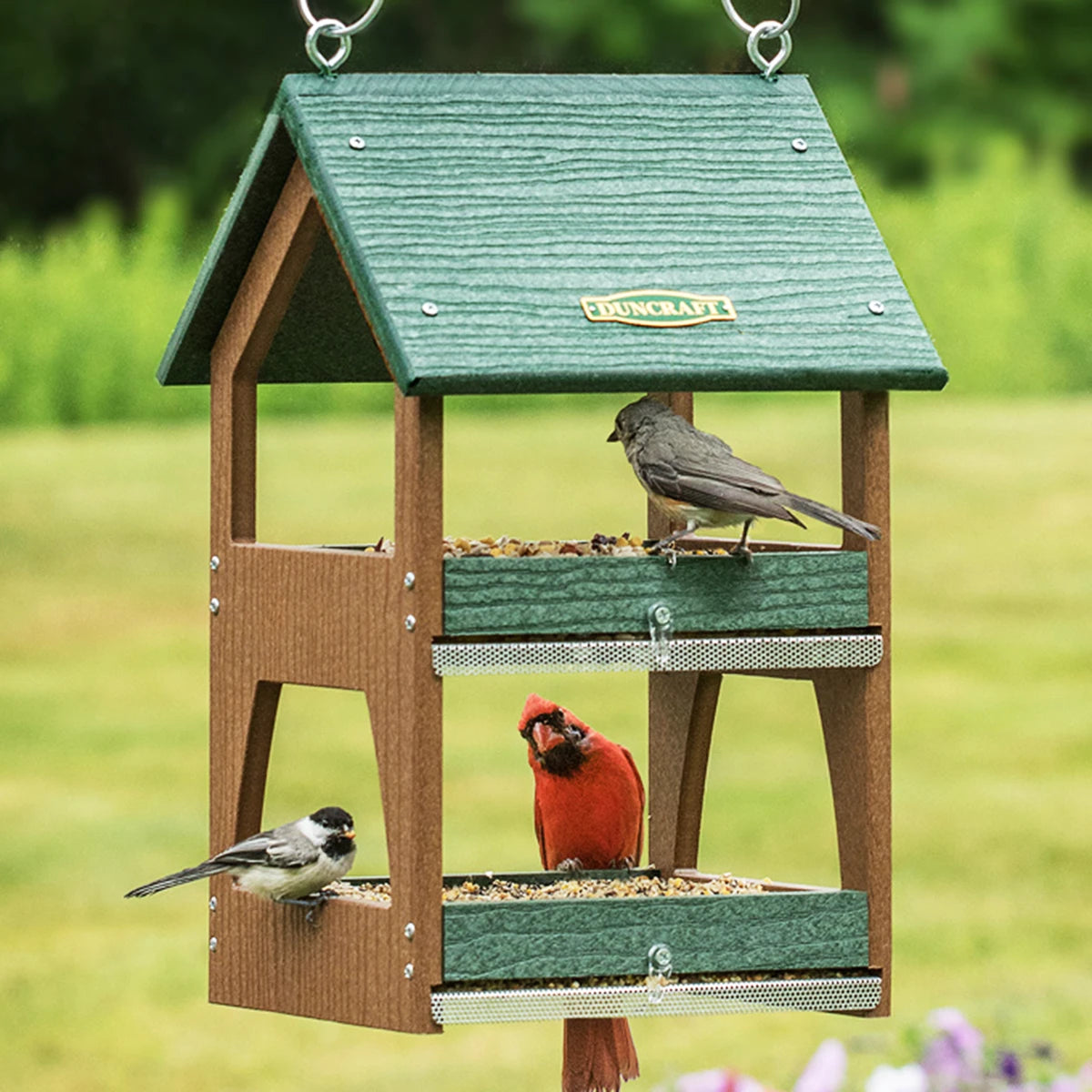 Duncraft Eco-Strong Double Decker Feeder with two platform trays, birds perched and feeding.