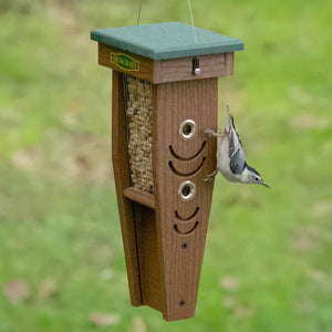 Duncraft Woodpecker Mesh Feeder with grooved perches and mesh sides, featuring four feeding ports and a cable hanger for easy viewing and refilling.