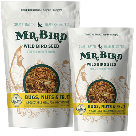 Mr. Bird Bugs, Nuts, and Fruit Wild Bird Seed, 2 or 4-lb bag, featuring a resealable bag of high-energy bird food with mealworms, nuts, and fruits.