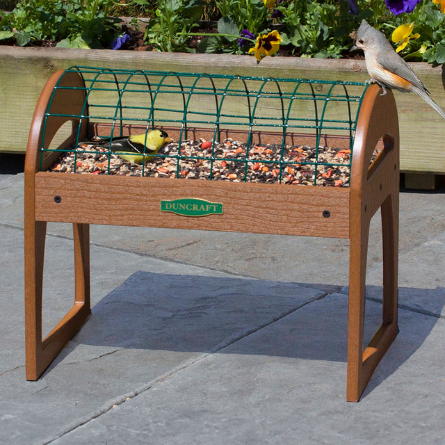 Duncraft Eco-Strong Raised Haven Platform Feeder with wire fence for small songbirds, shown with a bird on the feeder and surrounding plants.