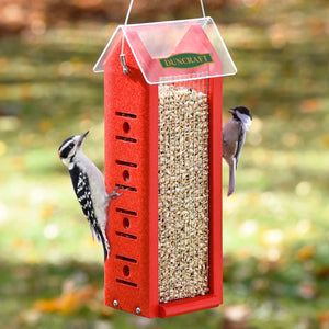 Duncraft Four Sided Woodpecker Feeder with multiple birds clinging and feeding on wire mesh, featuring a clearview plastic roof and red recycled plastic wood sides.