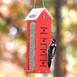 Duncraft Four Sided Woodpecker Feeder with mesh design, wooden sides, and clearview roof, featuring a woodpecker feeding. Wire hanger included for easy setup.