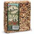 Bugs, Nuts, & Fruit Block Large 26 oz. seed cake, featuring a blend of mealworms, pecans, sunflower hearts, and cherries, in a square, compressed block with visible label and barcode.