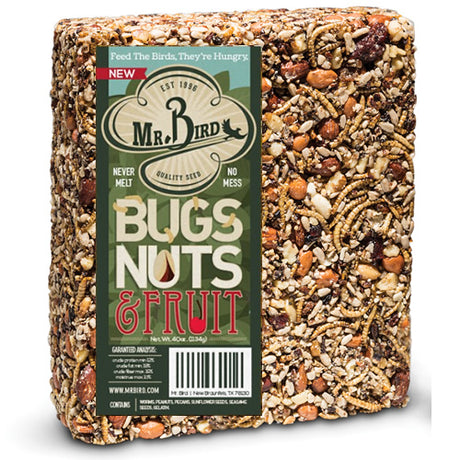 Bugs, Nuts, & Fruit Block Large 26 oz. seed cake, featuring a blend of mealworms, pecans, sunflower hearts, and cherries, in a square, compressed block with visible label and barcode.