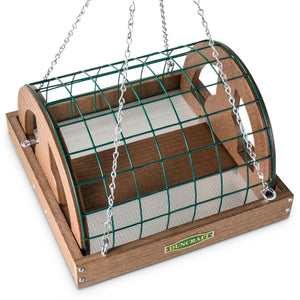 Duncraft Eco-Strong Hanging Haven Platform Feeder: A wooden bird feeder with green wire mesh, hanging chain, and side cutouts, designed for small birds.