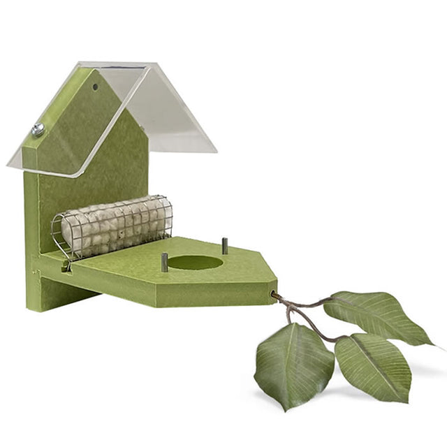 Hummingbird Nest Builder: A bird feeder with a leaf, featuring a caged white object and metal wire for secure hummingbird nesting.