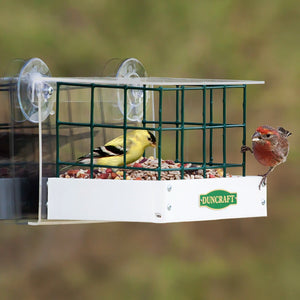 Duncraft Sheltered Haven Window Feeder: A bird feeder with metal caging, suction cups, and a clearview lid, attached to a window, with a bird inside.