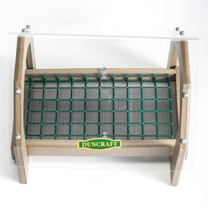 Duncraft Universal Seed Saver Platform Feeder with a wooden frame, green mesh, and clear roof, featuring a light bulb and green wire grid for bird watching.