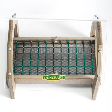 Duncraft Universal Seed Saver Platform Feeder with a wooden frame, green mesh, and clear roof, featuring a light bulb and green wire grid for bird watching.