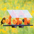 Duncraft Super Sized Oriole Feeder with a bird eating oranges, featuring skewered orange halves and dishes for jelly under a large clearview roof.