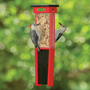 Duncraft Woodpecker Suet Shield Wrap Feeder with two woodpeckers feeding, featuring stainless steel mesh to prevent gorging and an extended tail prop for balance.