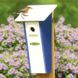 Duncraft Bird-Safe® Peterson Bluebird House featuring a bird perched on top, highlighting its predator lookout grooves and tapered design for bluebird protection.