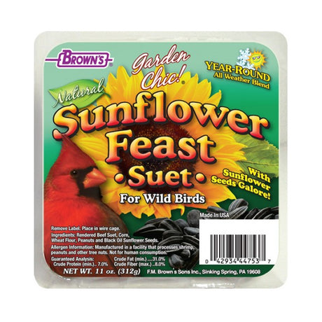 Sunflower Feast Suet, 8 Cakes package showcasing an 11 oz. suet cake with sunflower seeds, peanuts, and corn, designed to attract birds year-round.