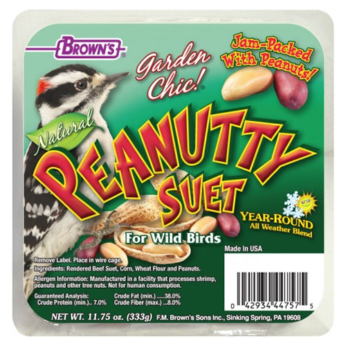 Close-up of Peanutty Suet package with bird image. Contains eight 11-3/4 oz. suet cakes, featuring peanuts for year-round bird feeding.