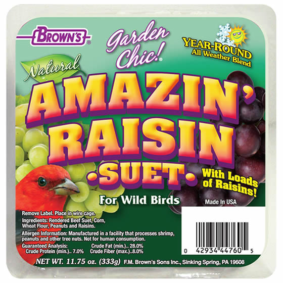 Amazin' Raisin Suet, 8 Cakes in packaging featuring a bird and grapes, ideal for bird feeding with raisins, fruit, and peanuts.