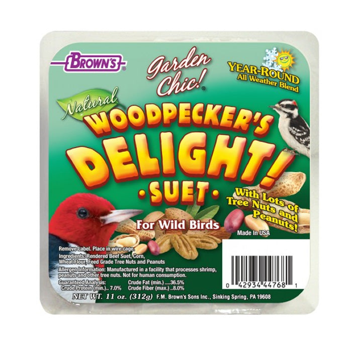 Woodpecker’s Delight Suet, 8 Cakes: Close-up of suet cake package featuring images of birds and label, ideal for attracting woodpeckers with its nut and peanut blend.