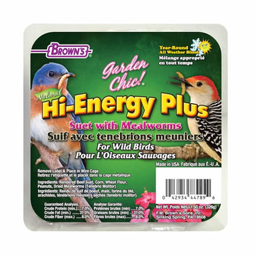 High Energy Suet Plus Mealworms, 8 Cakes package featuring mealworms and suet ingredients, designed to provide energy for backyard birds.