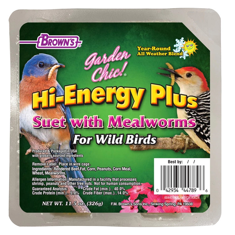 High Energy Suet Plus Mealworms, 8 Cakes, featuring freeze-dried mealworms and suet, depicted with images of various backyard birds enjoying the nutritional food source.