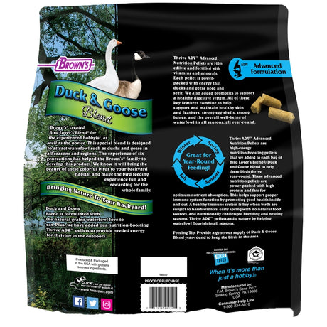 Back view of a bag of Brown's Duck & Goose Blend with branding and product details.