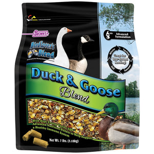 Brown's Bird Lover's Blend® Duck & Goose Blend Seeds, 7-lb bag, featuring high-energy nutrition pellets for waterfowl's healthy immune system, ideal for year-round feeding.