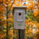 Front view of a beige birdhouse with a circular entrance hole and surrounding wire predator guard, mounted on a pole with a bluebird resting on the roof, autumn foliage in the background