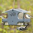 Duncraft Three-In-One Bird Feeder with multiple birds feeding from mesh and suet cages, featuring a tail prop area and durable recycled plastic construction.