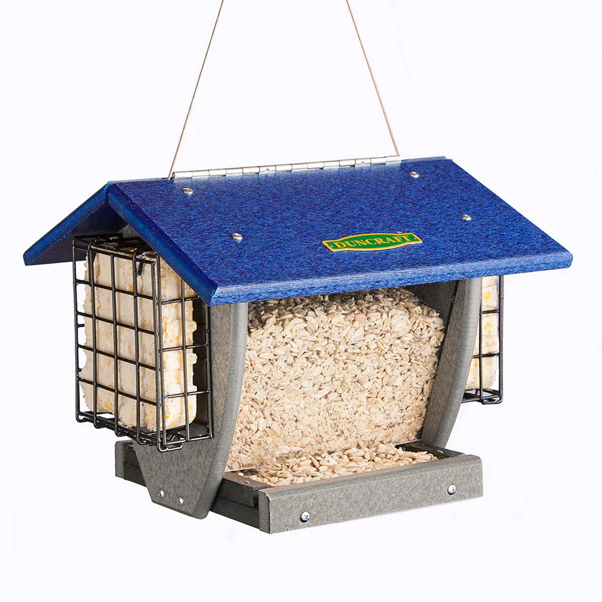 Duncraft Cardinal Shield Hopper & Suet Feeder with blue roof, two seed trays, and suet holders, designed for perching and clinging birds, easy to refill and clean.