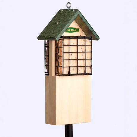 Duncraft Woodpecker Tail Support Suet Feeder with green roof, two suet cages, and extended tail prop area for woodpeckers, made from natural white pine.