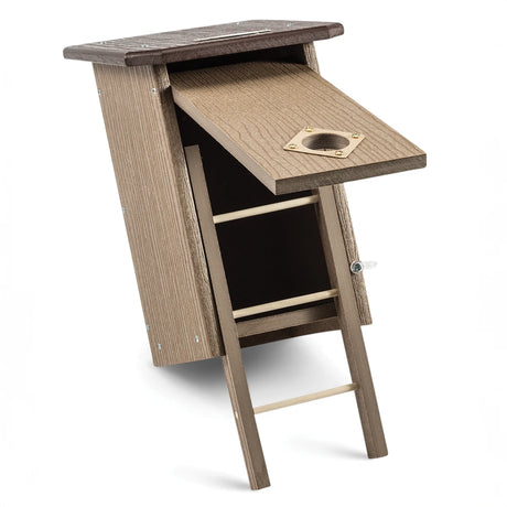 Duncraft Premium Eco-Strong Roost House with an open door, ladder for six birds, and metal-protected entry hole.