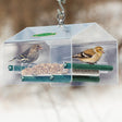 Duncraft Songbird Landing Removable Tray Feeder with birds inside, featuring a covered tray and side perches for easy feeding and viewing.