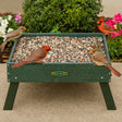 Duncraft Large Ground Platform Feeder with birds feeding, showing spacious design and perforated aluminum tray for drainage.