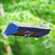 Duncraft Eco-Strong Double Upside Down Suet Feeder with bird feeding upside down, featuring a clear plastic roof and durable blue recycled plastic construction.