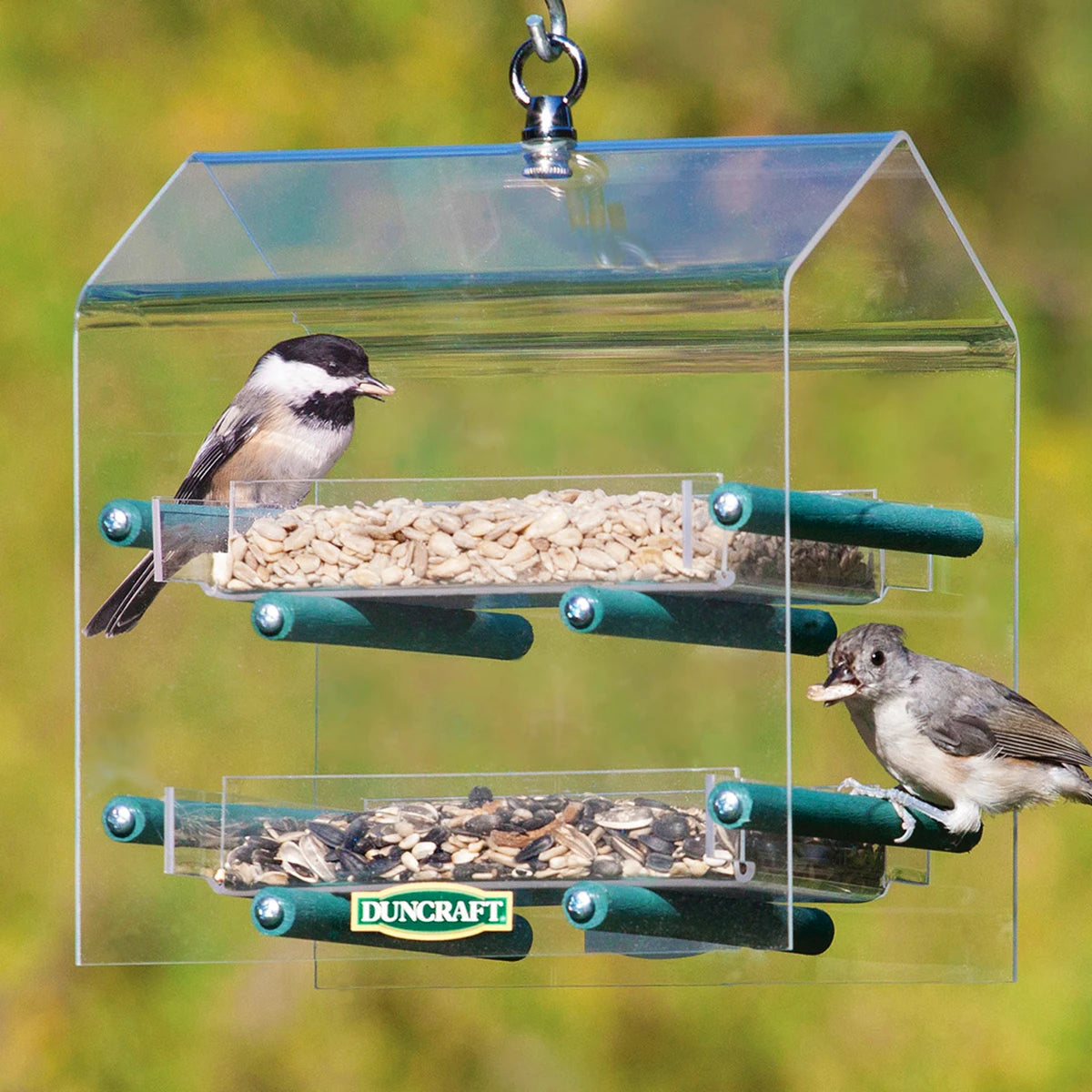 Duncraft Bluebird Landing Twin Tray Feeder with two clear feeding trays and wooden perches, attracting small birds, hanging outdoors.