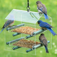 Duncraft Bluebird Landing Twin Tray Feeder with two solid feeding trays, wooden perches, and a clearview plastic design for easy bird watching and cleaning.