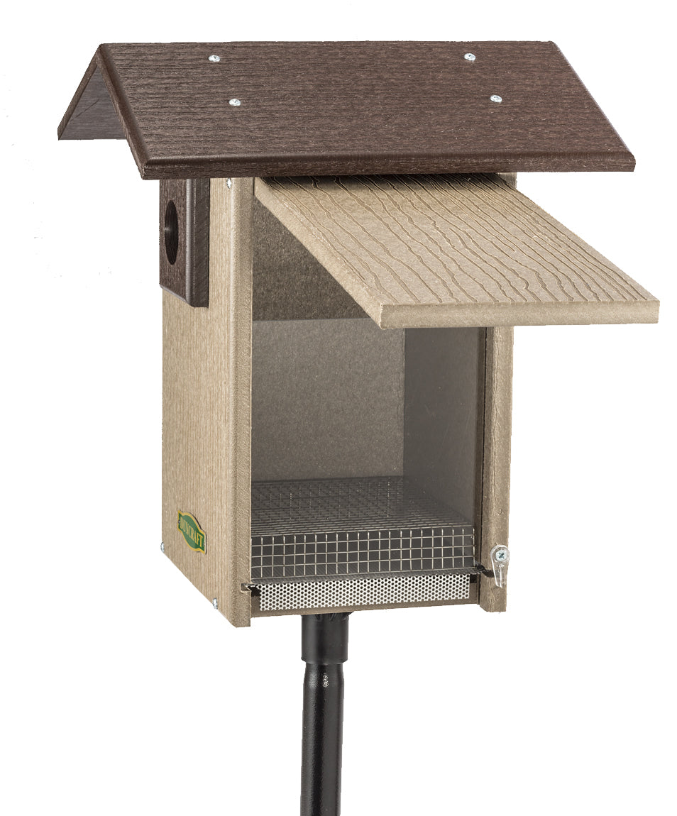 Duncraft Bird-Safe® Premium Observation Bluebird House & Pole with overhanging roof, clearview window, ventilation, drainage, and sectional mounting pole for easy observation and predator protection.