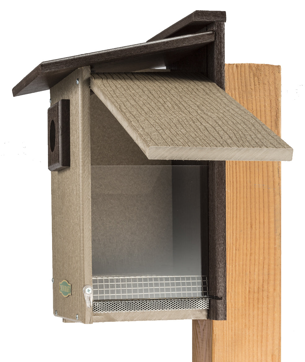 Duncraft Bird-Safe® Premium Observation Bluebird House with roof, side panel for viewing, predator guard, ventilation, drainage, and wire mesh flooring.