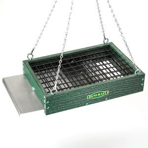 Duncraft EZ Clean Seed Maximizer Platform Feeder with two-grid wire mesh, green recycled plastic platform, and hanging chain for easy cleaning and squirrel prevention.