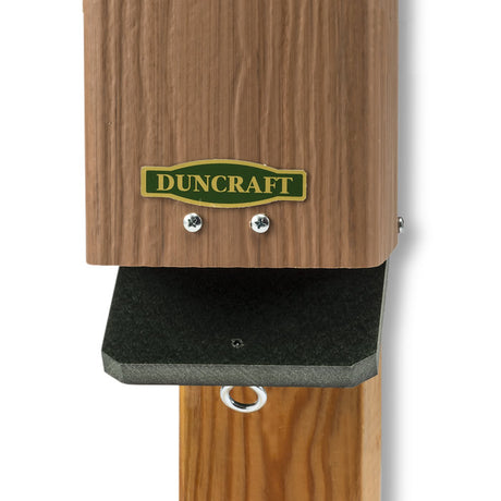 Duncraft Bird-Safe® Bluebird House with a wooden design, black lid, and a close-up showing the predator guard entrance for nestling protection.