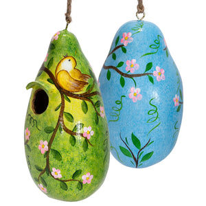 Painted Gourd Birdhouse with a 1-1/4 inch opening, hand-painted designs, ready to hang, featuring natural gourd shapes for small birds like nuthatches and wrens.