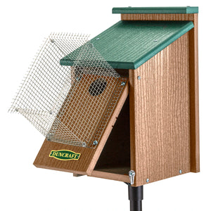 Duncraft Bluebird House with Pole & Noel Guard features a wooden birdhouse with a wire mesh net for predator protection and easy cleanout.