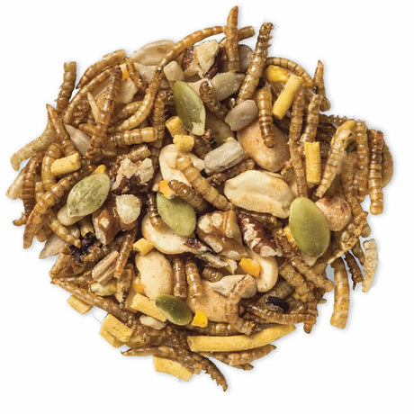 Duncraft Hi-Energy Trail Mix Wild Bird Food: A pile of trail mix featuring dried mealworms, insect suet pellets, tree nuts, pumpkin seeds, and cracked corn.