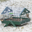 Duncraft Pavilion Ground Haven Feeder with wire fencing, clear plastic roof, and metal mesh flooring, designed to protect small birds and hold 1.5 lbs of seed.