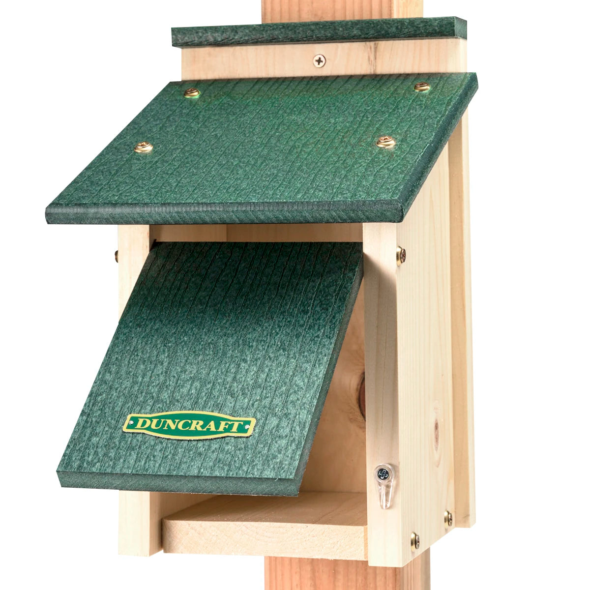 Duncraft Bird-Safe® Swallow Nest Box with green roof and wooden body on a pole, featuring a slotted entrance and overhanging roof for sparrow deterrence.